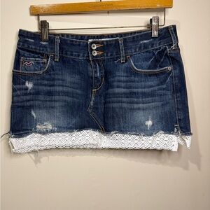 Hollister Dark Blue Denim Mini Skirt with White Lace Trim
